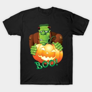 Frankenstein Cartoon with Jack o'Lantern T-Shirt